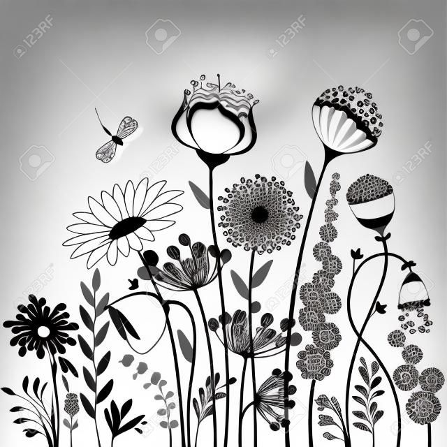 Flores abstractas y mariposas en blanco y negro