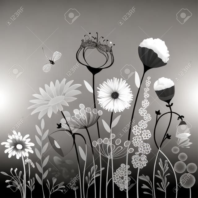 Fleurs abstraites et papillon en noir et blanc