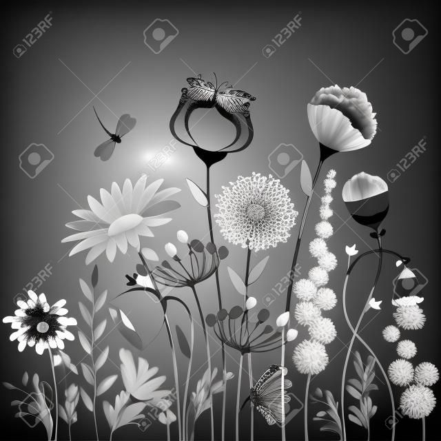 Fleurs abstraites et papillon en noir et blanc