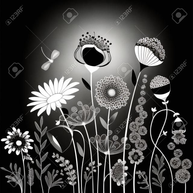 Flores abstractas y mariposas en blanco y negro