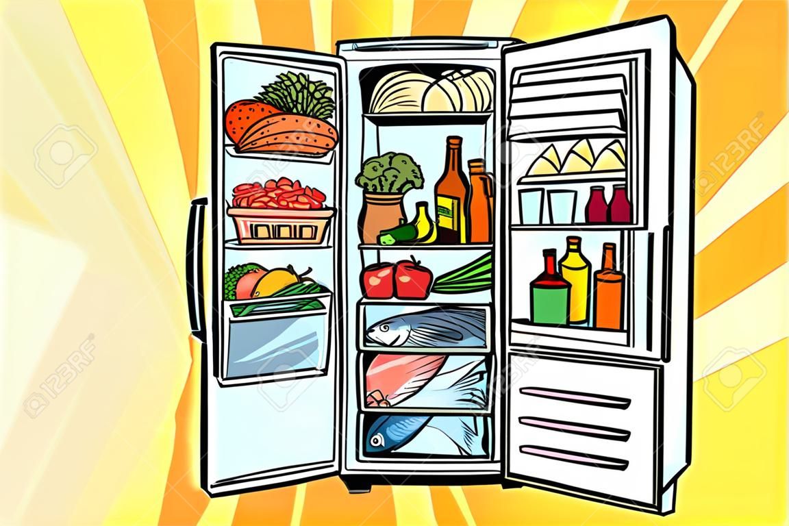 Home refrigerator filled with food. Fruits and vegetables, meat and fish. Comic cartoon style pop art retro vector color drawing illustration