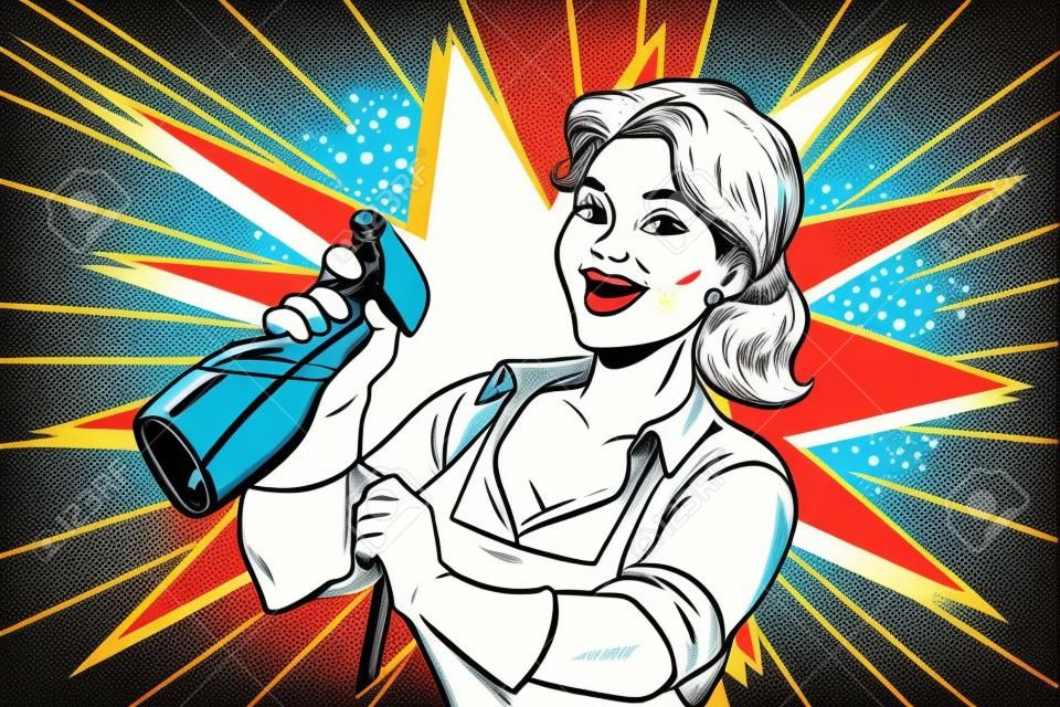 Cleaner with spray head for washing. Comic cartoon style pop art retro color picture illustration