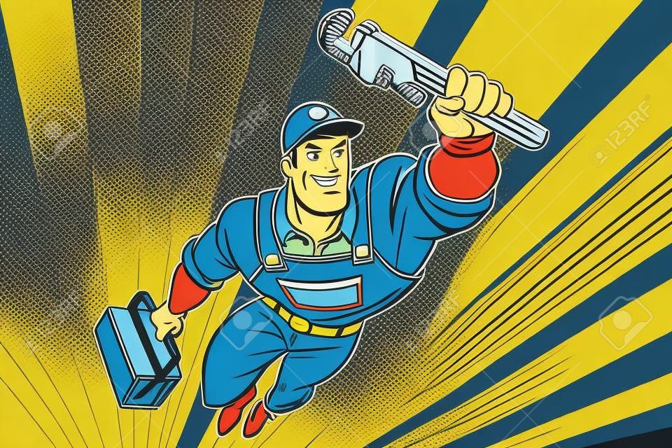 Trabajador fontanero superhéroe volando. Dibujo de ilustración vectorial retro de dibujos animados de cómic pop art