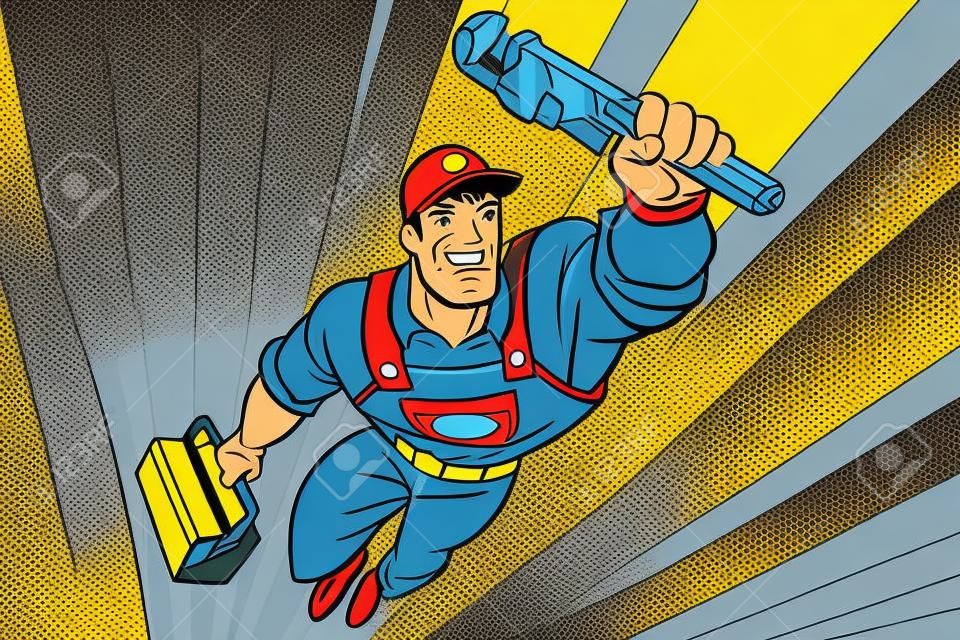 Trabajador fontanero superhéroe volando. Dibujo de ilustración vectorial retro de dibujos animados de cómic pop art