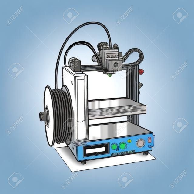 Produkcja drukarek 3D na białym tle. Komiks kreskówka pop-art retro ilustracja wektor