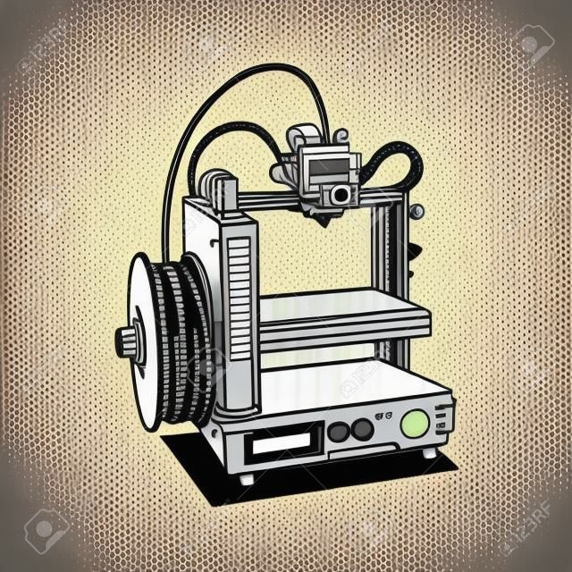 Fabbricazione della stampante 3D isolata su fondo bianco. Vettore dell'illustrazione di retro Pop art del fumetto del libro di fumetti