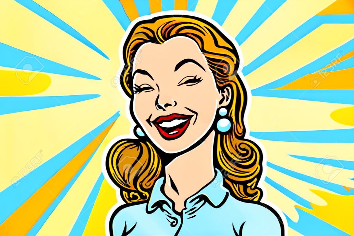 Woman pretty smiling. Comic cartoon pop art retro vector vintage illustration