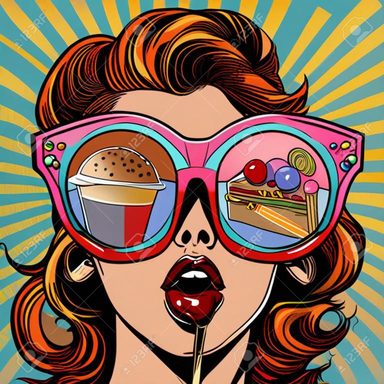 Vrouw met zonnebril en fastfood en snoepjes in de reflectie.