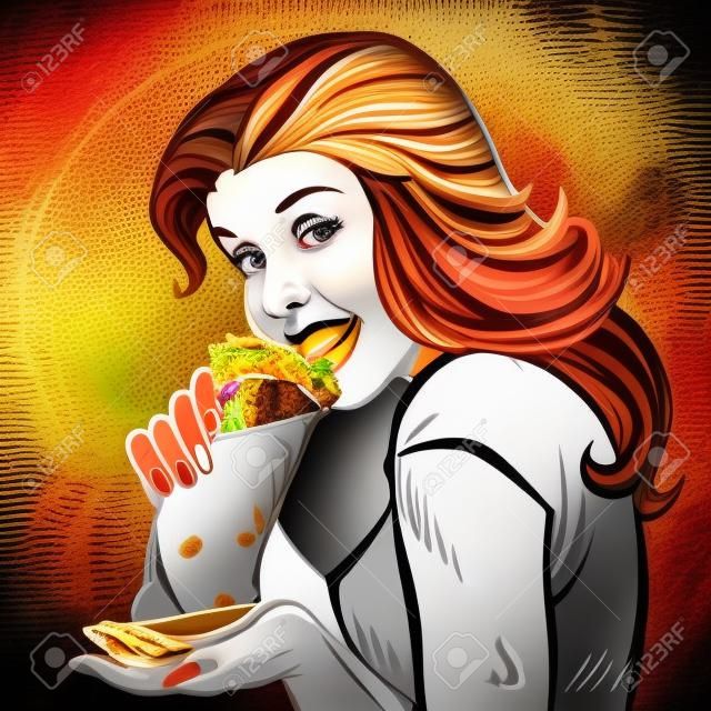 Shawarma kebab Doner. Mulher com fome comendo fast food