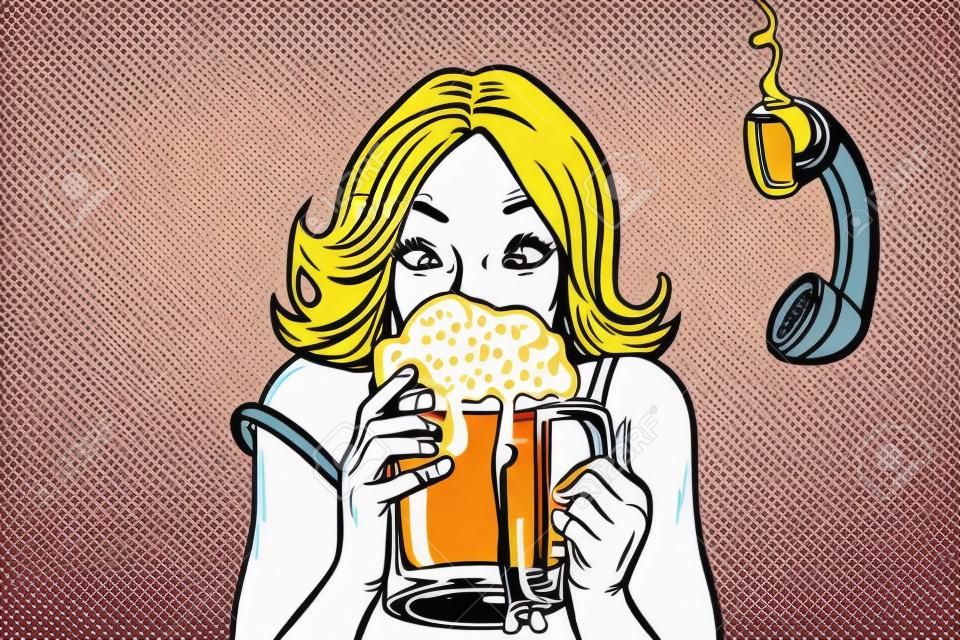 Pausa para almoço. Mulher bebendo cerveja. Desenhos animados em quadrinhos pop art retro vector illustration drawing