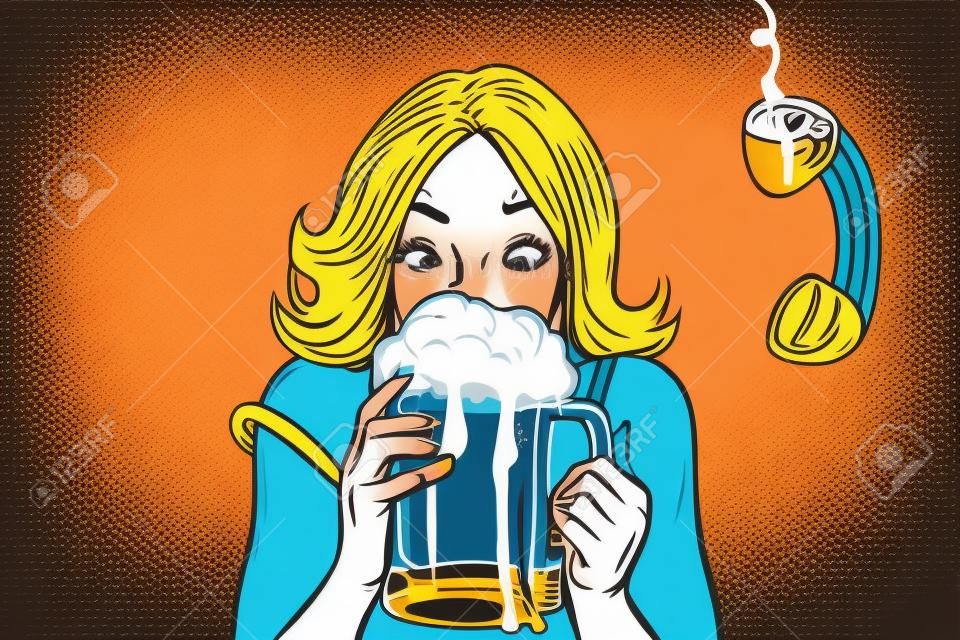 Pausa para almoço. Mulher bebendo cerveja. Desenhos animados em quadrinhos pop art retro vector illustration drawing