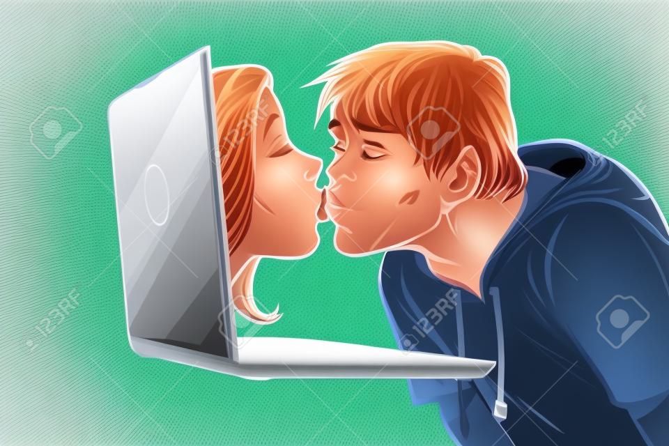 虛擬吻，年輕的男人和女人在線約會