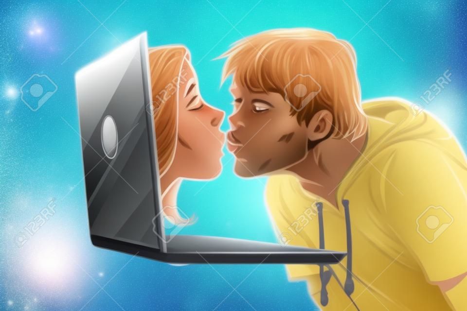 Virtual kiss, young man and woman online date