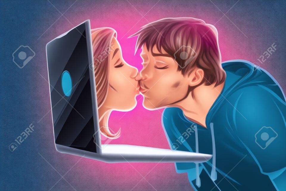 Virtueller Kuss, junger Mann und Frau Online-Date
