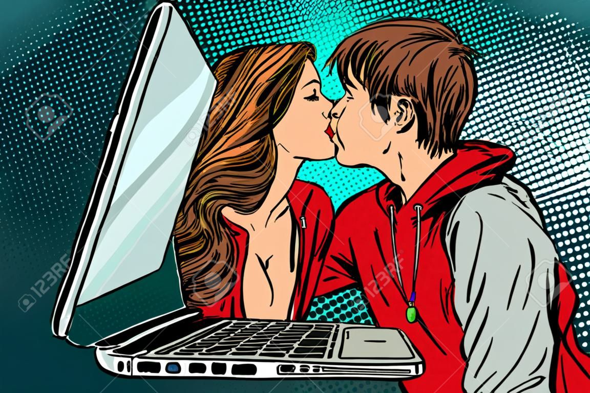 Virtual kiss, young man and woman online date