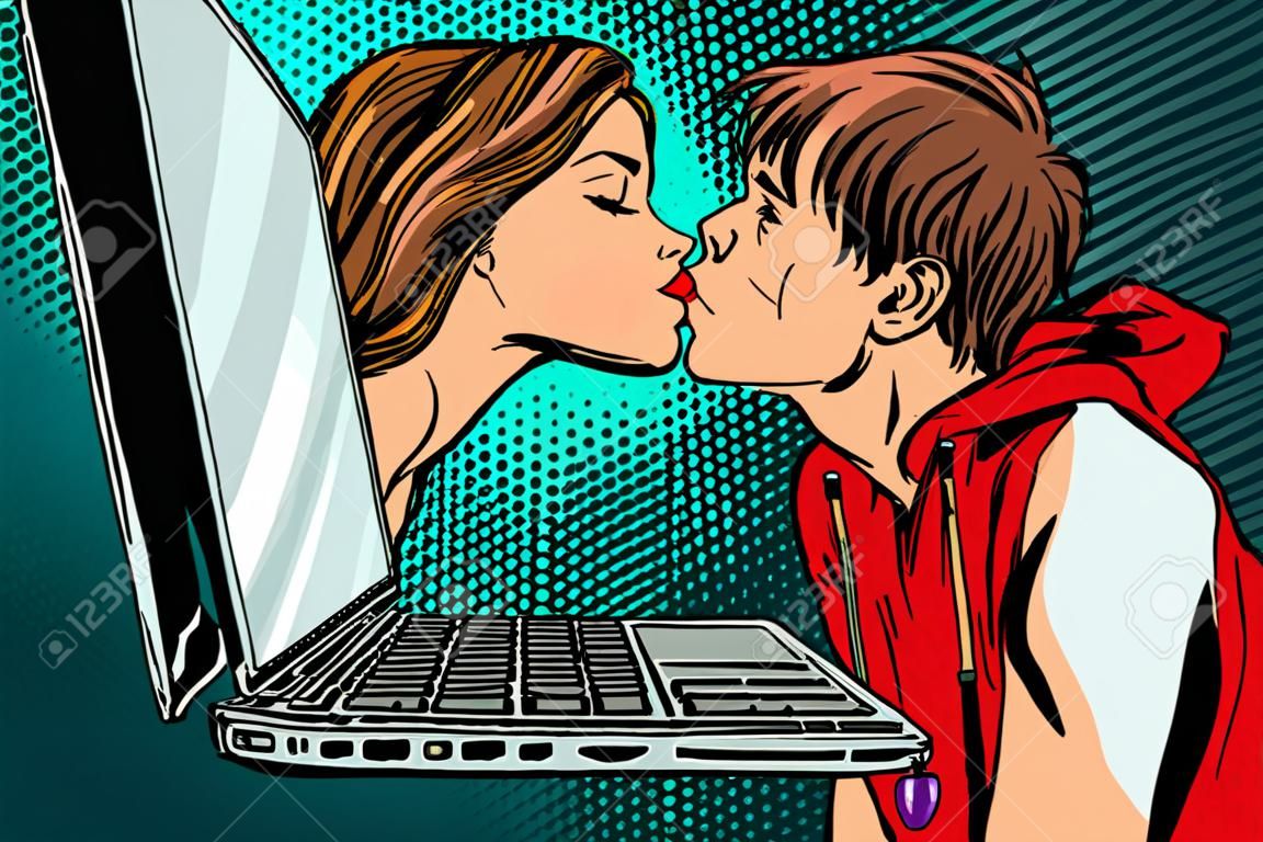 Wirtualny pocałunek, randka online z młodym mężczyzną i kobietą