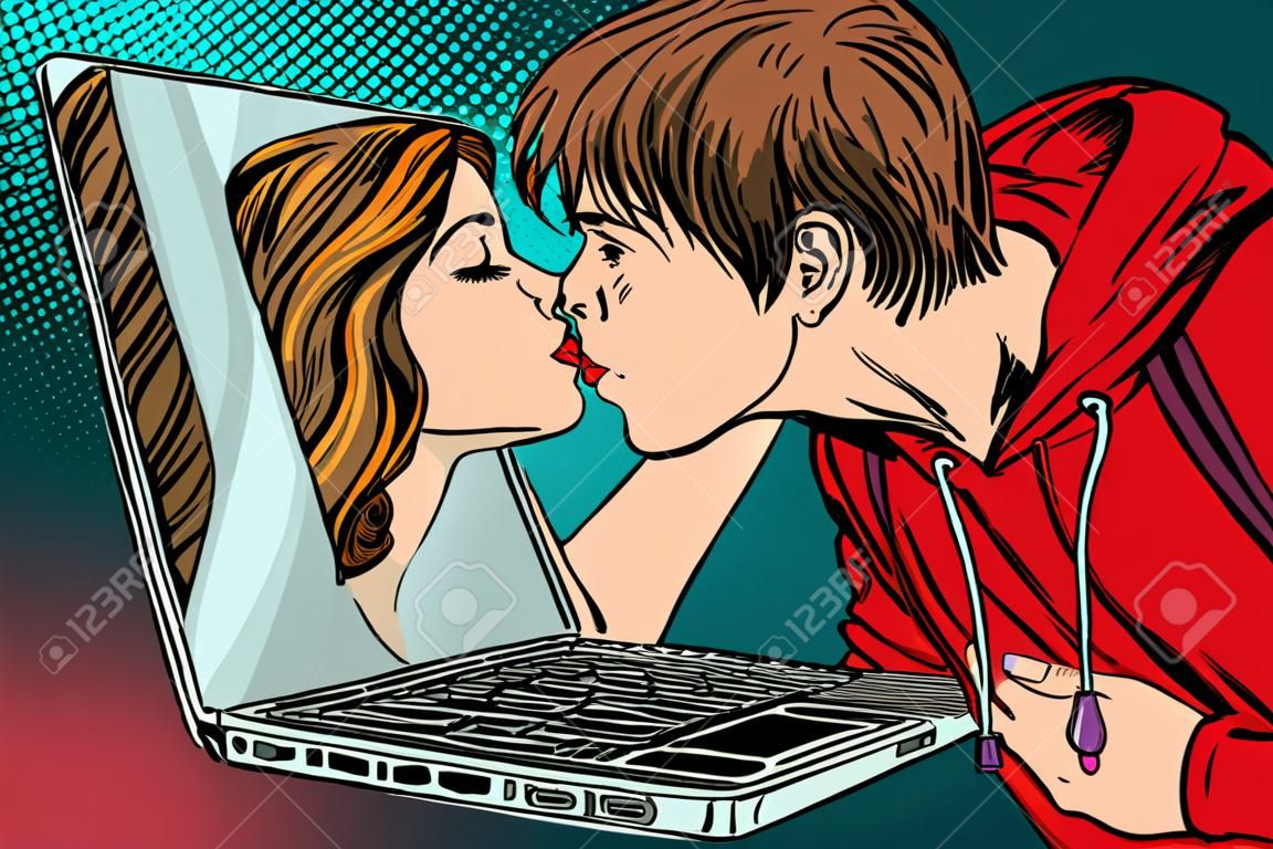 Wirtualny pocałunek, randka online z młodym mężczyzną i kobietą