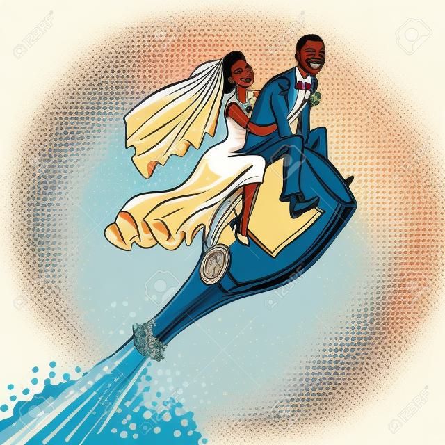 Bruid en bruidegom bruiloft. Afro-Amerikaanse stel. Vliegend op een fles champagne. Comic cartoon pop kunst retro vector illustratie