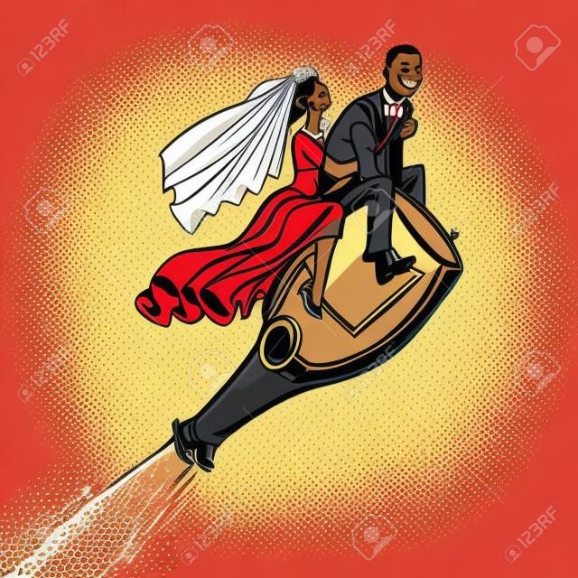 Bruid en bruidegom bruiloft. Afro-Amerikaanse stel. Vliegend op een fles champagne. Comic cartoon pop kunst retro vector illustratie
