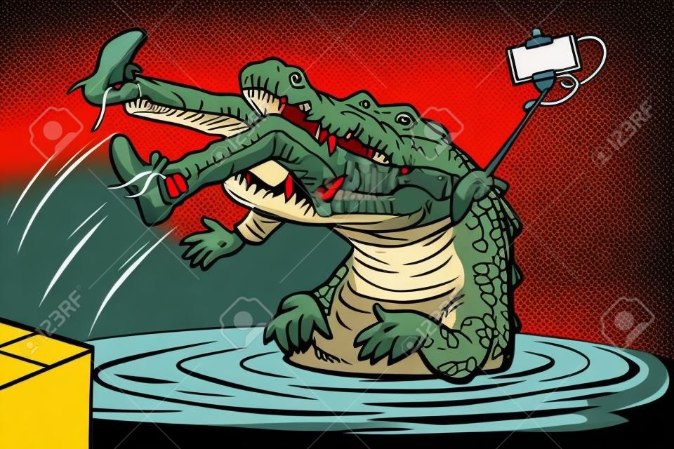 crocodile a attaqué un homme. Selfie dangereux. Dessin d'illustration vectorielle rétro pop art bande dessinée comique