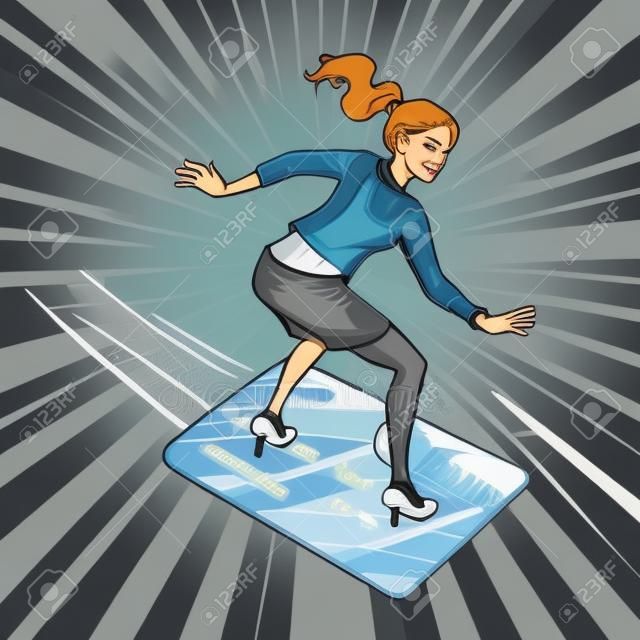 woman businesswoman and Bank card. Going snowboarding or water Board. Bank card flies, credit and debit. Comic cartoon pop art retro vector illustration drawing