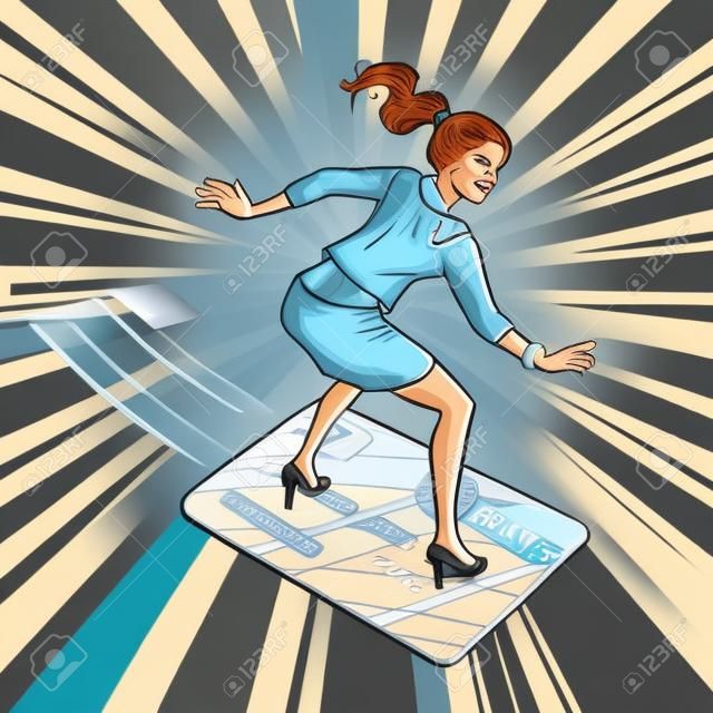 woman businesswoman and Bank card. Going snowboarding or water Board. Bank card flies, credit and debit. Comic cartoon pop art retro vector illustration drawing