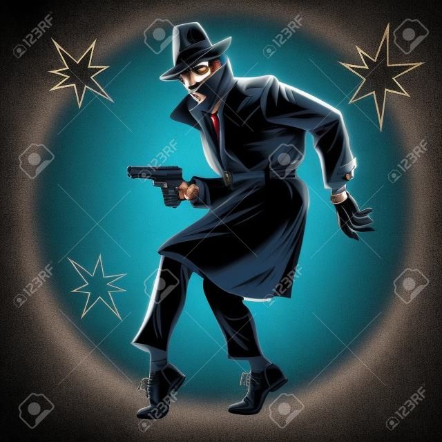 homme espion détective avec pose d'arme à feu