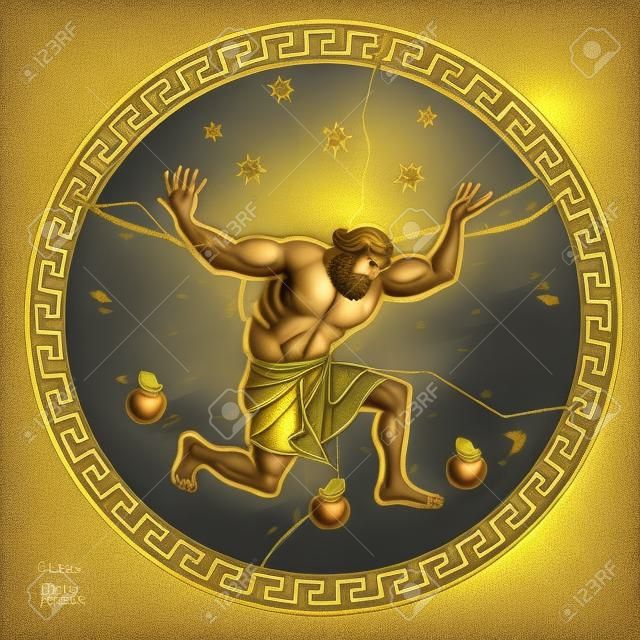 Roube as maçãs douradas das Hespérides. Hércules segura o céu. 12 Trabalhos de Hércules Heracles. Mitos da ilustração da Grécia Antiga