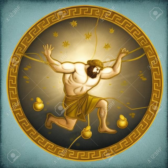 Steal the golden apples of the Hesperides. Hercules holds the sky. 12 Labours of Hercules Heracles. Myths Of Ancient Greece illustration