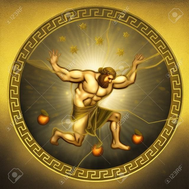 Roube as maçãs douradas das Hespérides. Hércules segura o céu. 12 Trabalhos de Hércules Heracles. Mitos da ilustração da Grécia Antiga