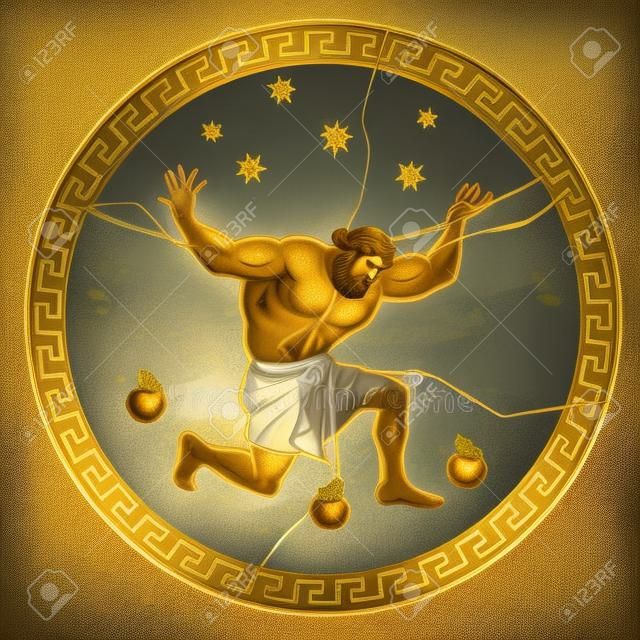 Stelen van de gouden appels van de Hesperiden. Hercules houdt de hemel. 12 Arbeiden van Hercules Heracles. Mythen van het oude Griekenland illustratie