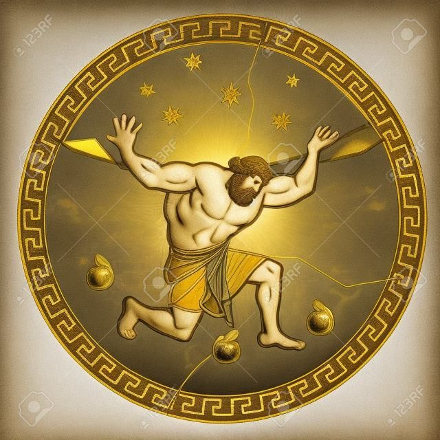 Stelen van de gouden appels van de Hesperiden. Hercules houdt de hemel. 12 Arbeiden van Hercules Heracles. Mythen van het oude Griekenland illustratie
