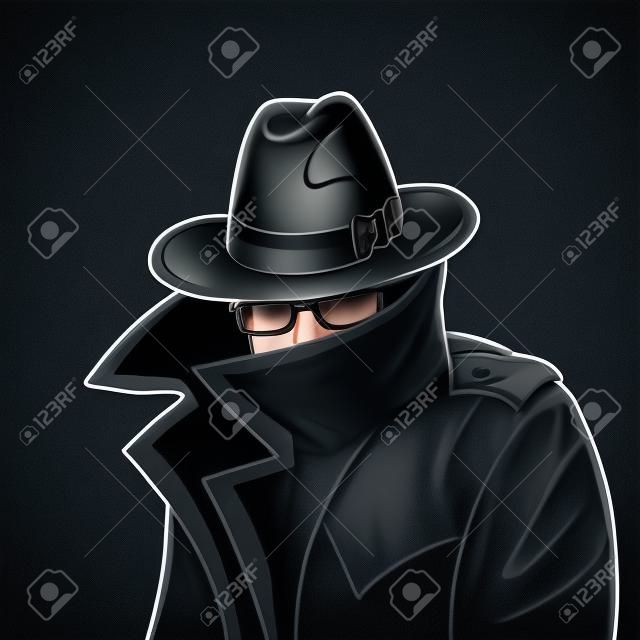 Szpieg w płaszczu przeciwdeszczowym, kapeluszu i czarnych okularach, zakrytą twarzą