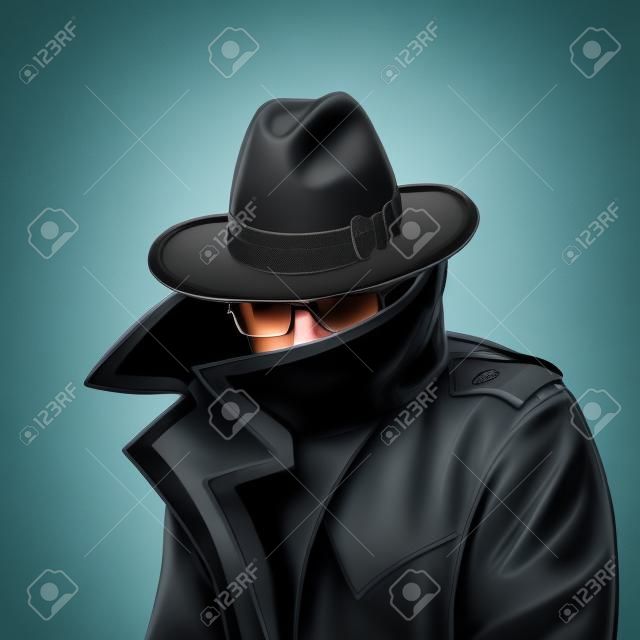 レインコート、帽子、黒い眼鏡、覆われた顔のスパイ