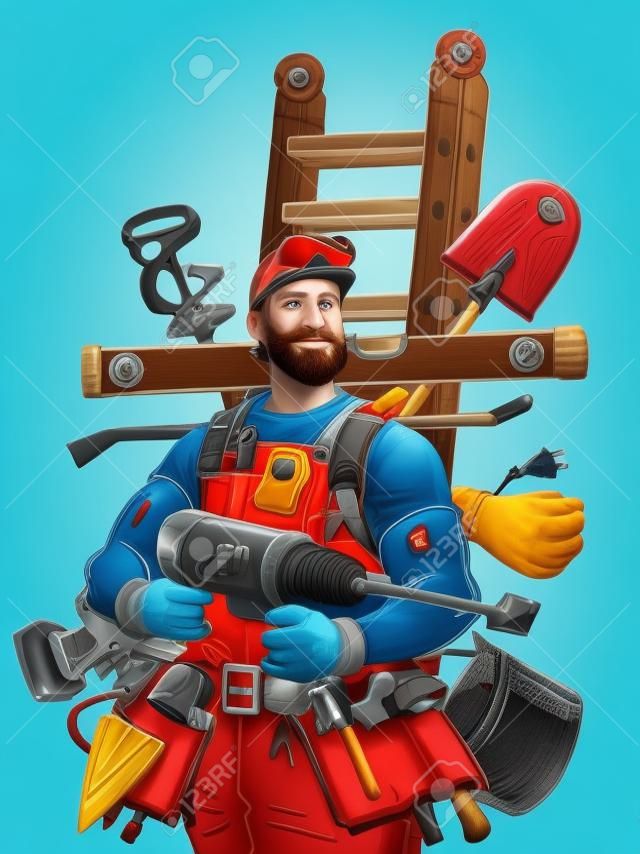 Um homem com cabelo vermelho e barba organiza seus assuntos domésticos e de trabalho, onde ele usa muitas ferramentas. O trabalhador está pronto para realizar qualquer tarefa relacionada ao reparo.