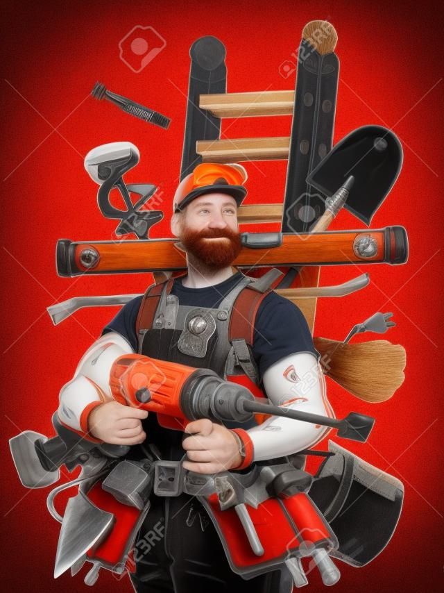 Ein Mann mit roten Haaren und Bart organisiert seinen Haushalt und seine Arbeitsangelegenheiten, wobei er viele Werkzeuge verwendet. Der Arbeiter ist bereit, jede mit der Reparatur verbundene Aufgabe auszuführen.