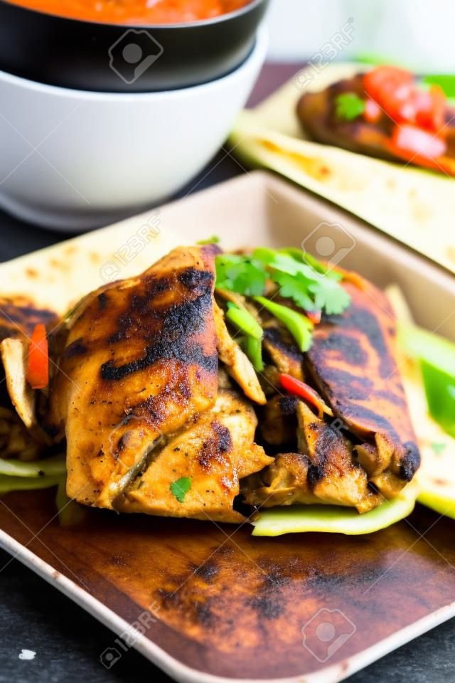 Caribbean style jerk chicken served in traditional roti and drizzled with sweet hot sauce. Served with a side of coleslaw.Focus on the chicken.