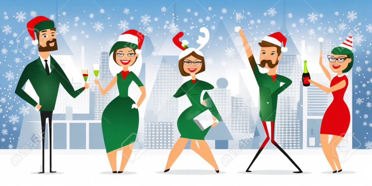 Weihnachtsbüroparty mit Geschäftsleuten in Sankt-Hüten und mit einer Flasche Champagner und Gläsern. Flache Feiertagsillustration der Vektorkarikatur.