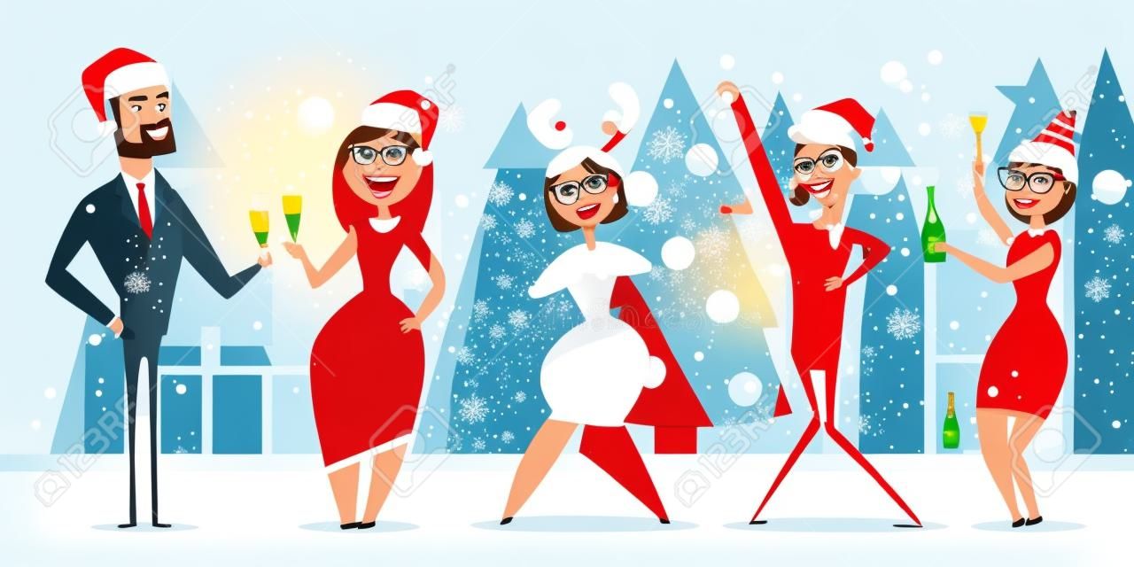 Festa in ufficio di Natale con uomini d'affari in cappelli di Babbo Natale e con una bottiglia di champagne e bicchieri. Vector cartoon vacanza piatta illustrazione.