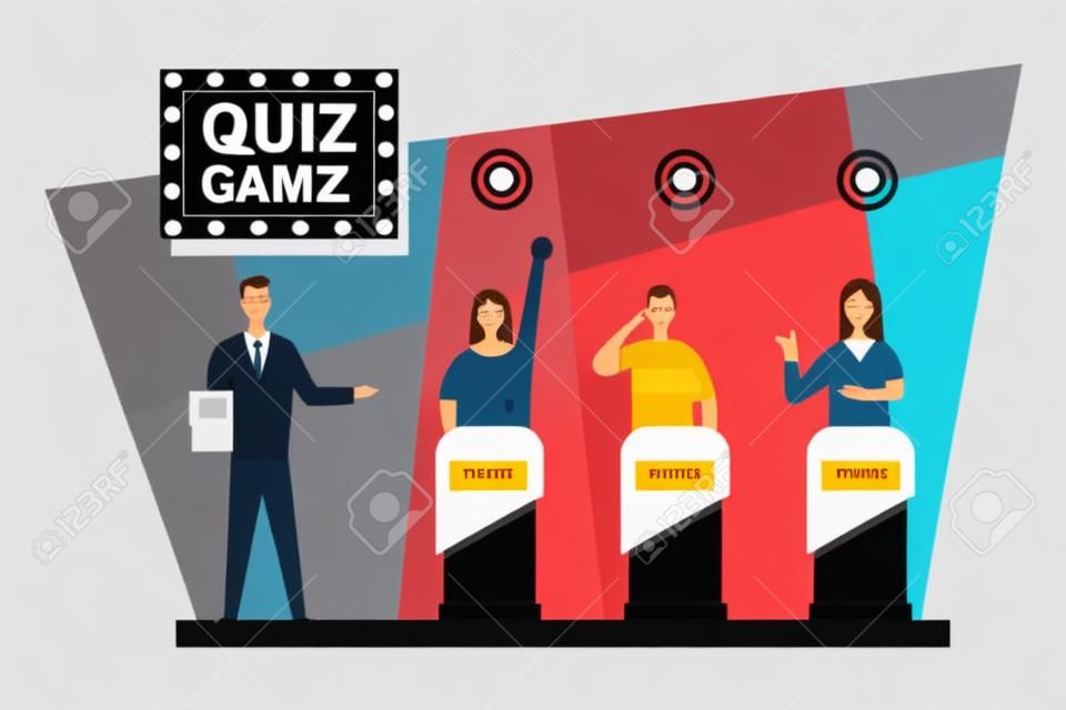 Quiz gioco TV show concept design. Vector piatta illustrazione delle persone sul podio.