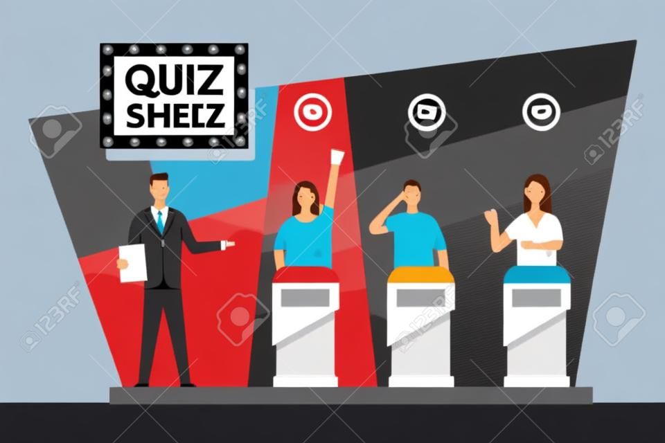 Quiz game TV show concept design. Vector flat illustration of the people on the podium.