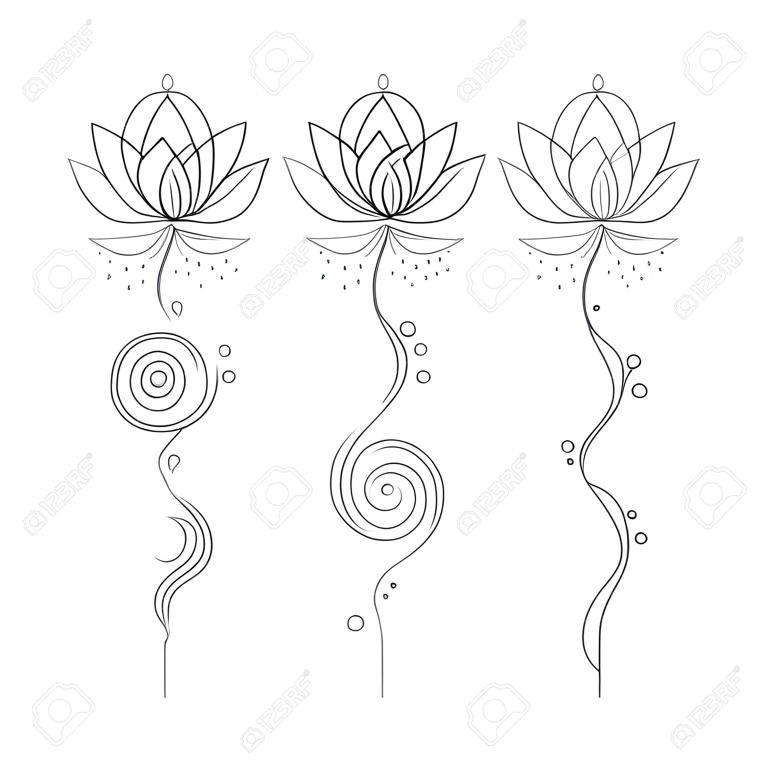 Unalome lotus flower vector line art tattoo set isolated on a white background.