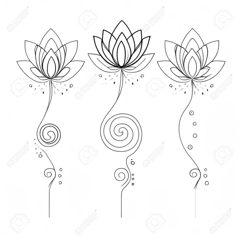 Unalome lotus flower vector line art tattoo set isolated on a white background.