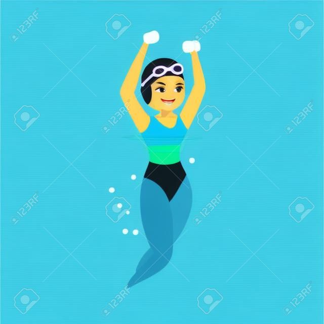 プール内のアクアエアロビクス。水泳ゴーグルの若い女性とアクアジムの運動をしているゴム製の帽子。青い背景に分離ベクトル漫画フィットネスの女の子のキャラクター。健康的なライフスタイルのイラスト。