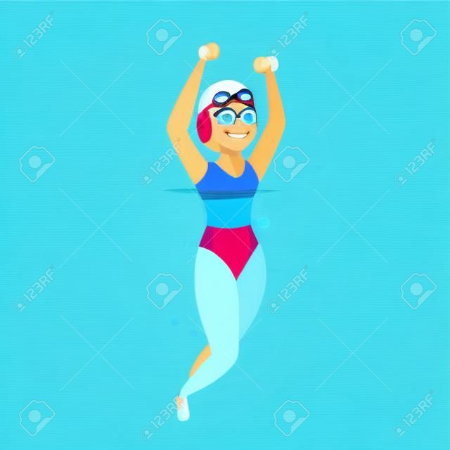 Aqua aerobics in pool. Young woman in swimming goggles and a rubber hat doing aquagym exercise. Vector cartoon fitness girl character isolated on a blue background. Healthy lifestyle illustration.