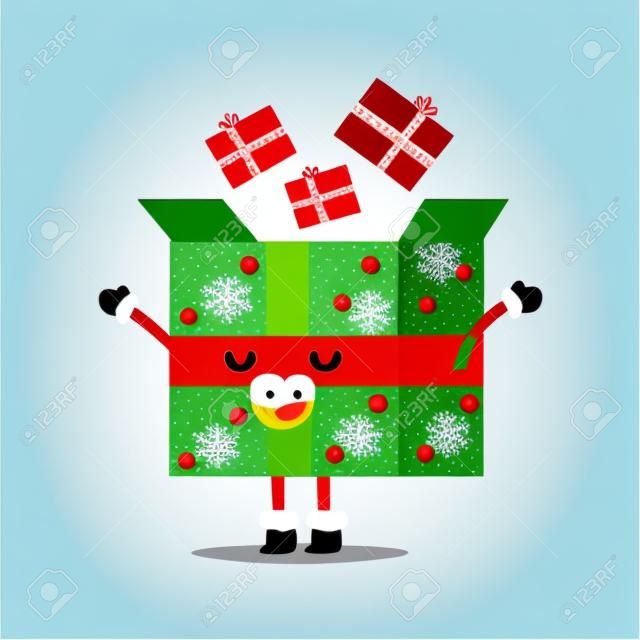 Simpatico personaggio dei cartoni animati di vettore del contenitore di regalo di Natale isolato su priorità bassa.