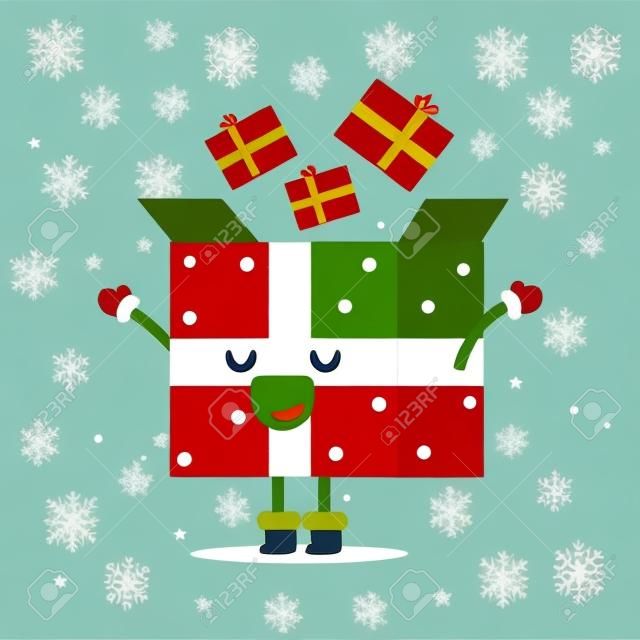 Cute Christmas gift box vector cartoon character isolated on background.