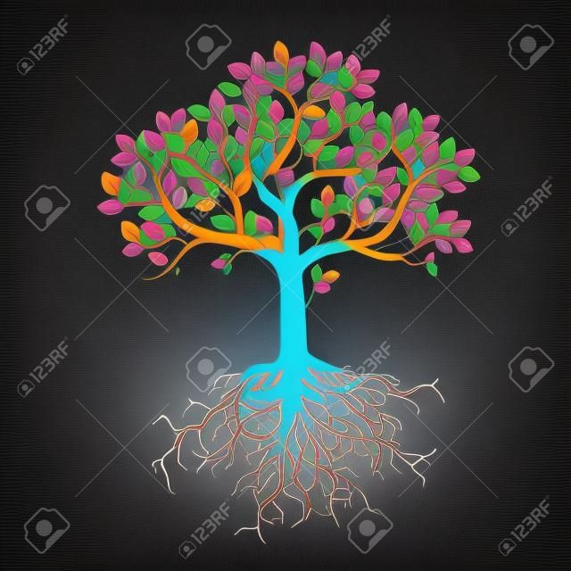 Forma color del árbol y raíces. Ilustración del vector.
