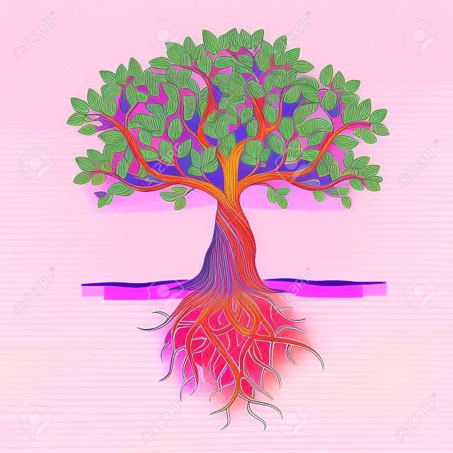 Color Tree Roots and background. Vector Illustration.