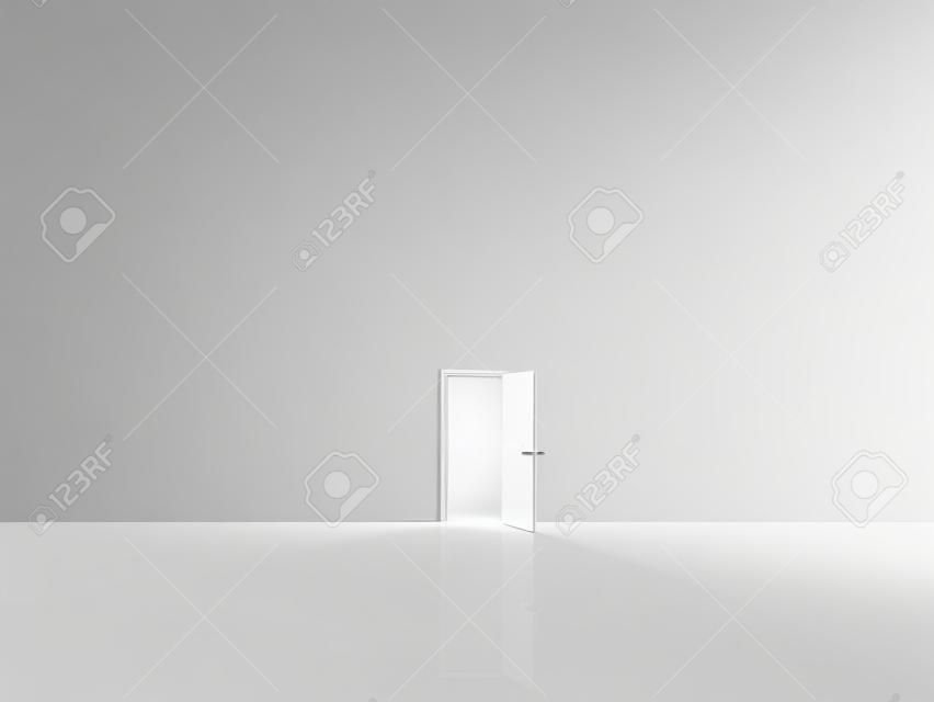 Einzelne Tür in reinen weißen Raum emaits Licht